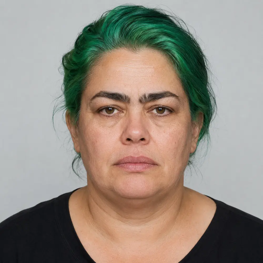 Texto alternativo (ALT): Mujer adulta con cabello verde recogido y expresión seria, fotografiada sobre un fondo claro.
